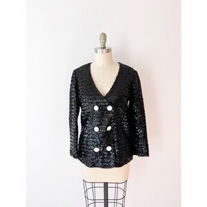 950s Black Sequin Jacket Double Breasted Vintage Evening Wear
